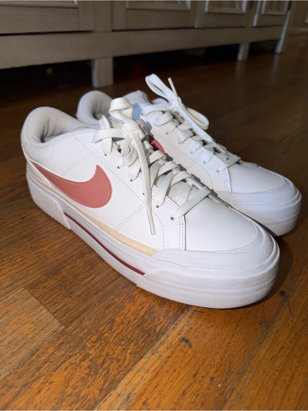 Nike Women's Court Legacy. White Sneakers with Pink Swoosh 10
